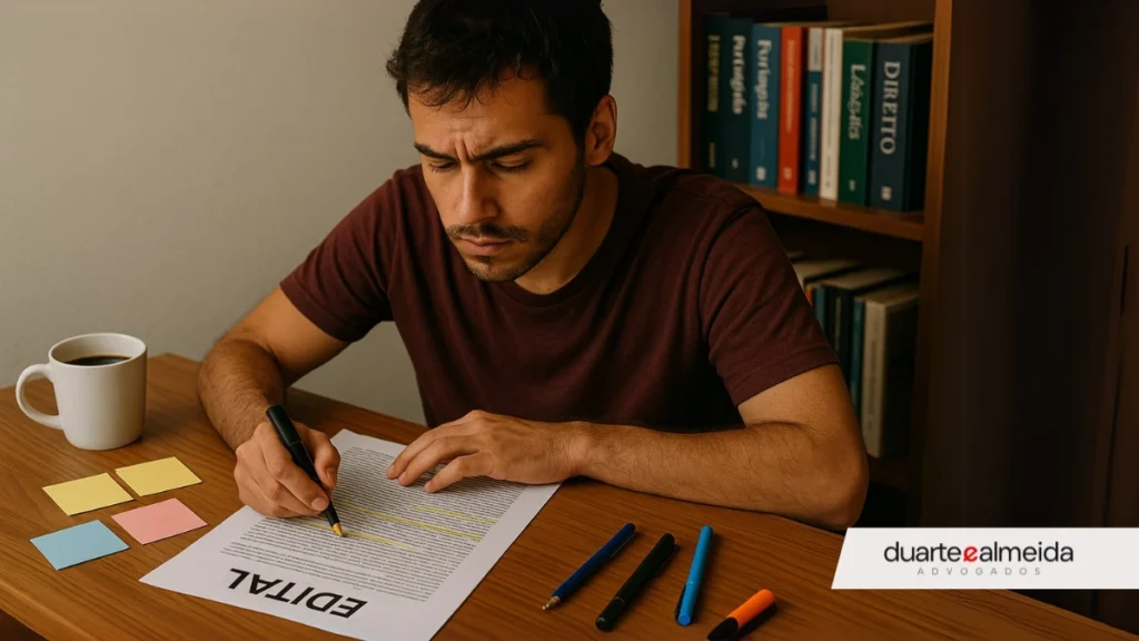 Problemas em concurso. Jovem concurseiro cansado, mas focado, estudando edital à mesa com muitos post-its e livros ao fundo.