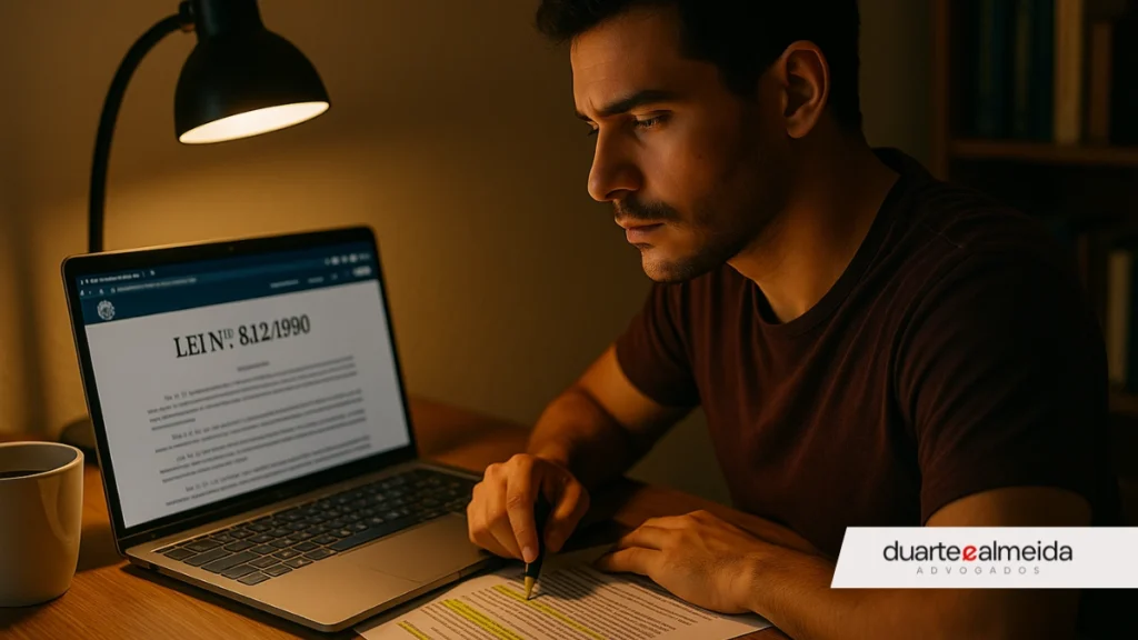 Candidato estudando lei de cargo público em notebook, com livro de Direito Administrativo e documentos destacados.