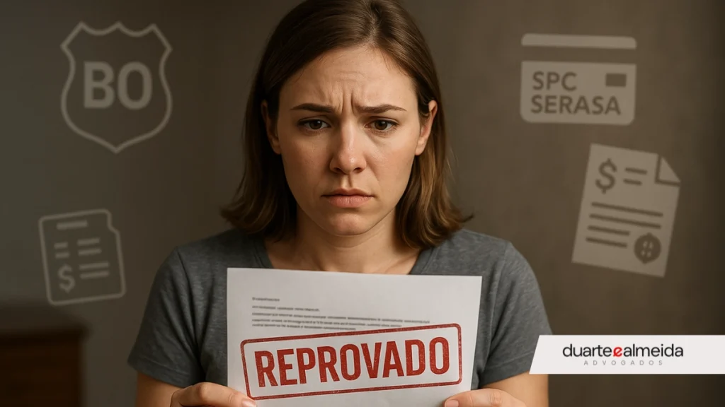 Mulher jovem segura um documento com carimbo "Reprovado", com expressão de preocupação; ao fundo, ícones que representam BO, SPC/SERASA e multas.