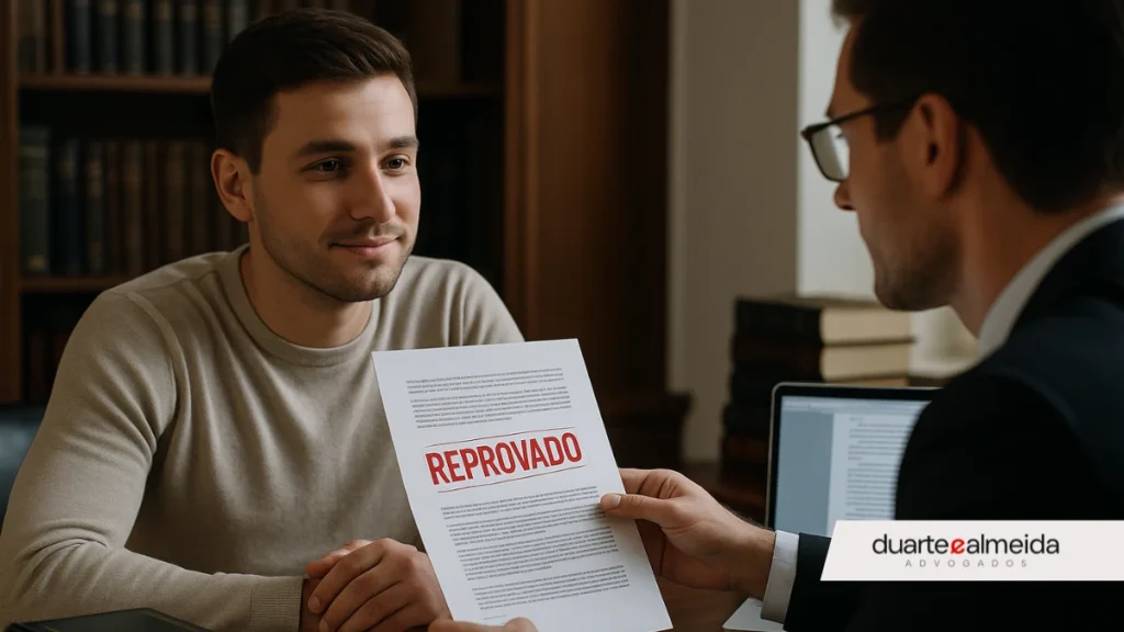 Candidato reprovado conversa com advogado em escritório jurídico, analisando um documento com carimbo “Reprovado” em destaque.
