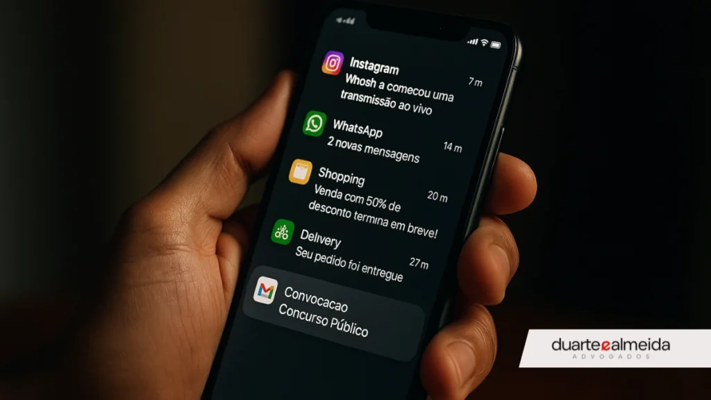 Smartphone exibindo lista de notificações; notificação de convocação para concurso público aparece quase oculta entre outras mensagens mais recentes.