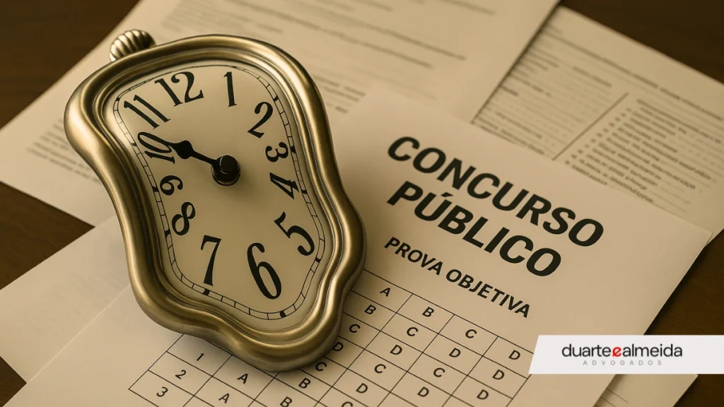 Relógio derretido sobre uma pilha de documentos de concurso público, representando a perda de prazos importantes.