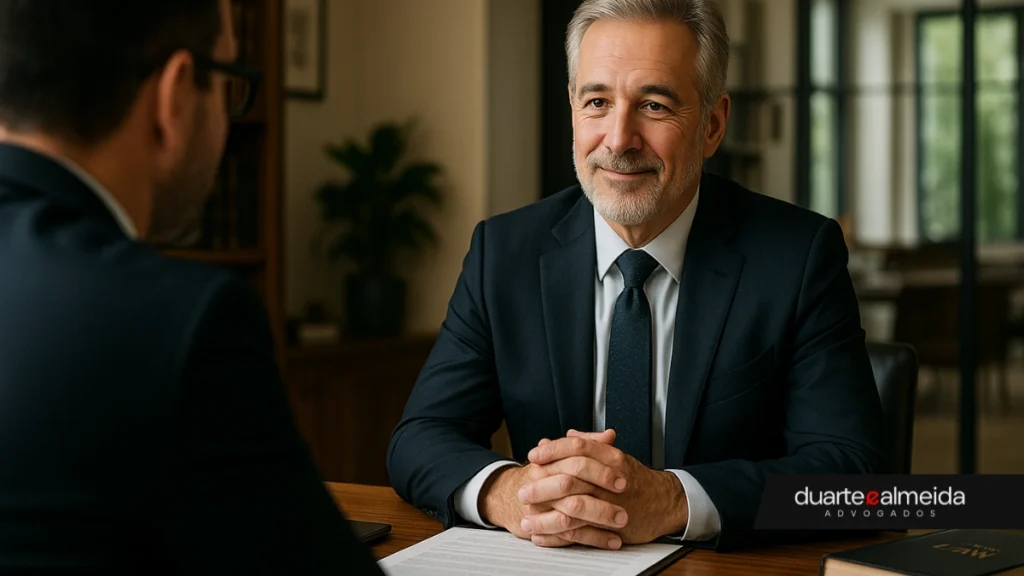 Affluent older client facing the camera during a legal consultation with his lawyer in a modern law office. The lawyer is seen from behind, creating a sense of trust and engagement.