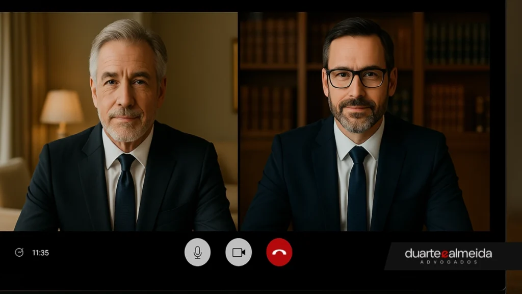 Video conference between a high-profile lawyer and an affluent older client regarding an Improbidade Administrativa case. Both are elegantly dressed, sitting in professional settings, with video call interface visible.