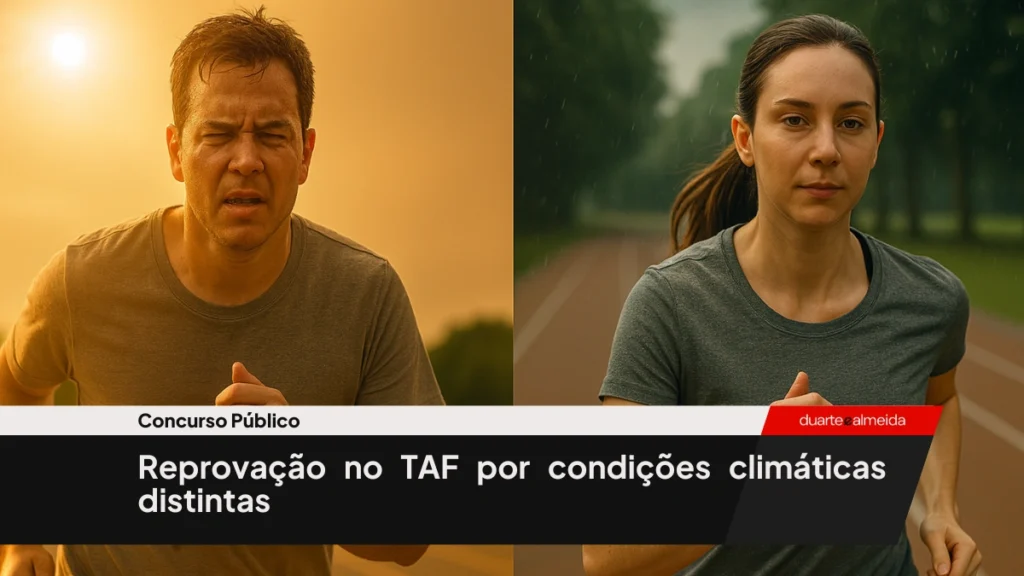 Dois candidatos realizando o TAF sob condições climáticas opostas: um sob sol intenso e outro em clima ameno, simbolizando desigualdade.
