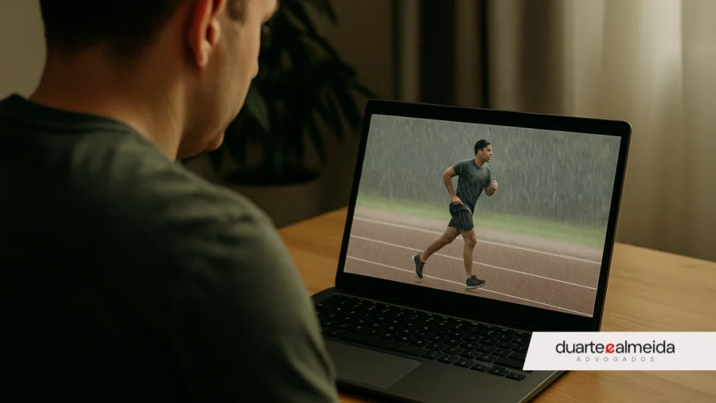 Homem revê gravação do TAF em notebook, com expressão séria, em ambiente interno com iluminação suave.