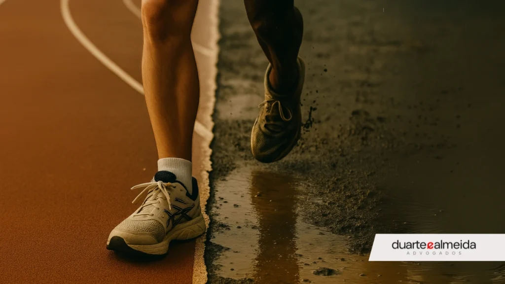 Imagem de pista de atletismo rachada ao meio: um lado seco e limpo, outro alagado e com lama, representando desigualdade nas condições do TAF.