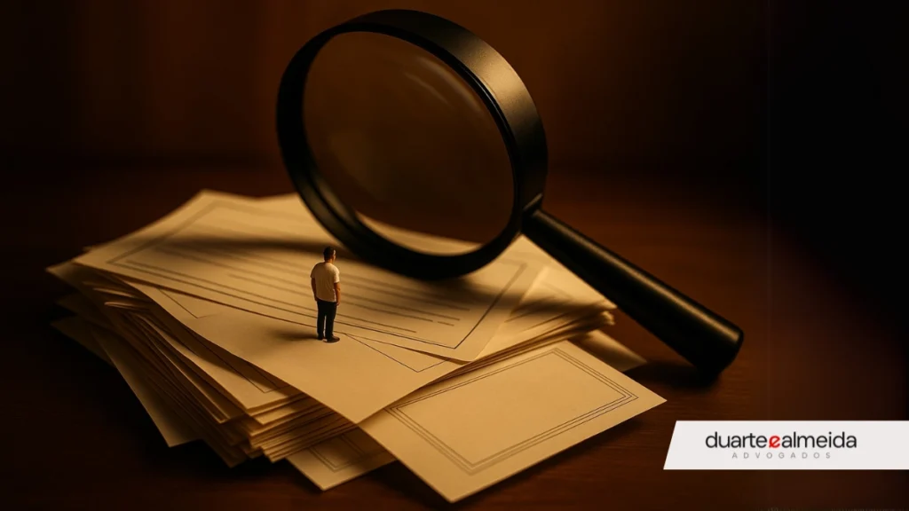 Candidato de concurso público, em miniatura, está em pé sobre uma pilha de documentos pessoais enquanto uma lupa gigante o observa de cima, representando a fiscalização extrema da investigação social.