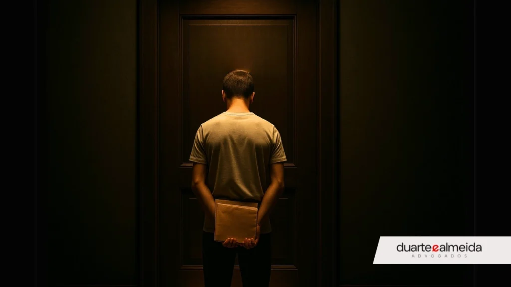 Candidato de costas, com camiseta branca e documentos nas mãos, parado diante de uma porta fechada com a inscrição “Investigação Social”, iluminado apenas por uma luz que escapa por baixo da porta.