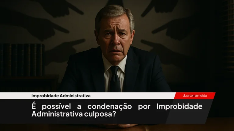 Homem de meia-idade em terno elegante, visivelmente aflito, sentado em um escritório escuro, sendo acusado por sombras projetadas, representando um acusado injustamente em casos de improbidade administrativa.