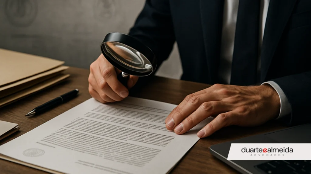 Fotografia de um homem vestindo terno, segurando uma lupa sobre um documento oficial em cima de uma mesa de madeira. Ao lado, um notebook e uma caneta.