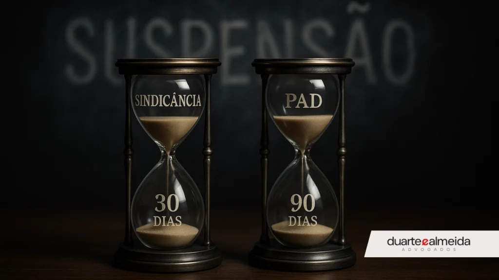 Duas ampulhetas representando prazos da sindicância e do PAD, com a palavra "Suspensão" escrita em estilo de fumaça ao fundo.