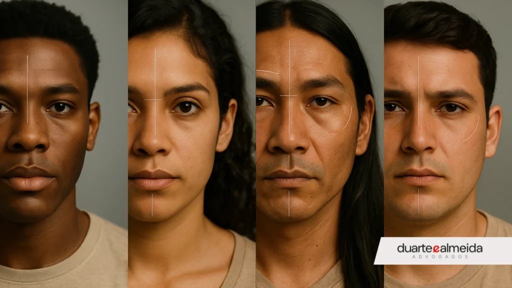 Retrato frontal de quatro pessoas com diferentes traços étnicos (negro, pardo, indígena e branco), lado a lado, com linhas brancas desenhadas sobre o rosto indicando áreas analisadas durante o processo de heteroidentificação em concursos públicos.