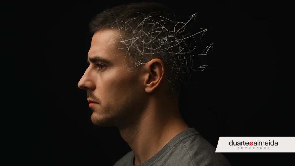 Close em perfil de um jovem candidato, com roupas simples e fundo preto, com linhas brancas desenhadas sobre sua cabeça representando sua mente sendo analisada.