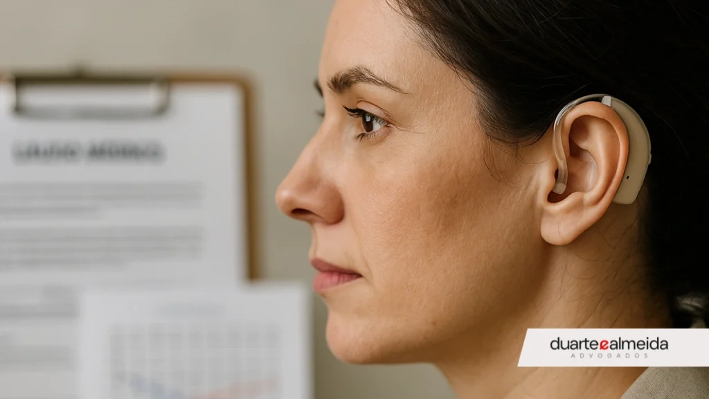 Mulher adulta com deficiência auditiva, vista de perfil, usando aparelho auditivo; ao fundo, desfocados, estão um laudo médico e exame de audiometria.