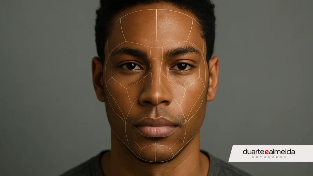 Homem negro de frente, com traços geométricos sobrepostos ao rosto, simulando pontos de análise fenotípica usados em processos de heteroidentificação para concursos públicos no Brasil.