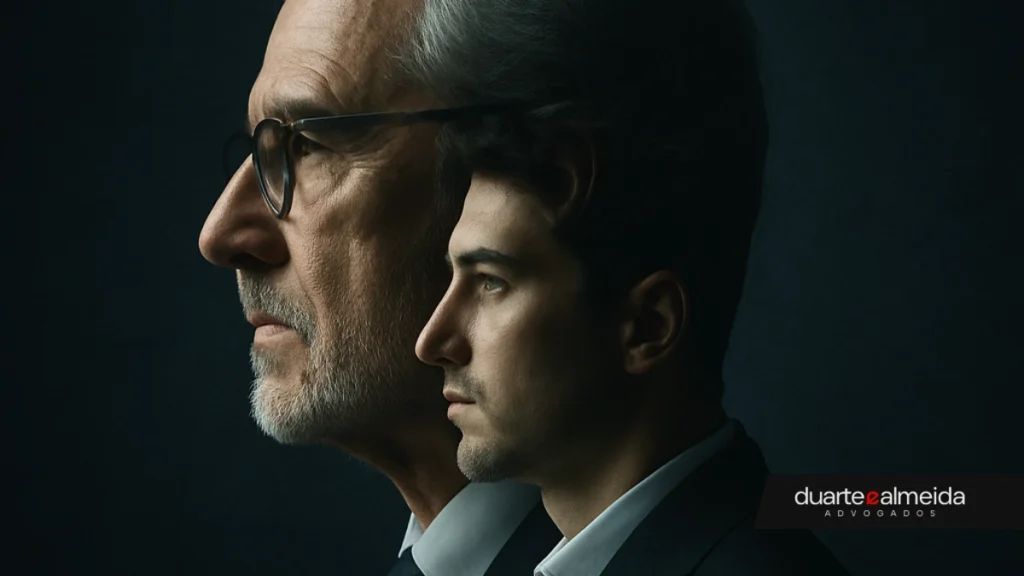 "Retrato artístico de perfil com dois homens sobrepostos, um mais velho e um mais jovem, ambos vestindo ternos escuros e olhando para a esquerda, representando a conexão entre gerações e a responsabilidade legal herdada."