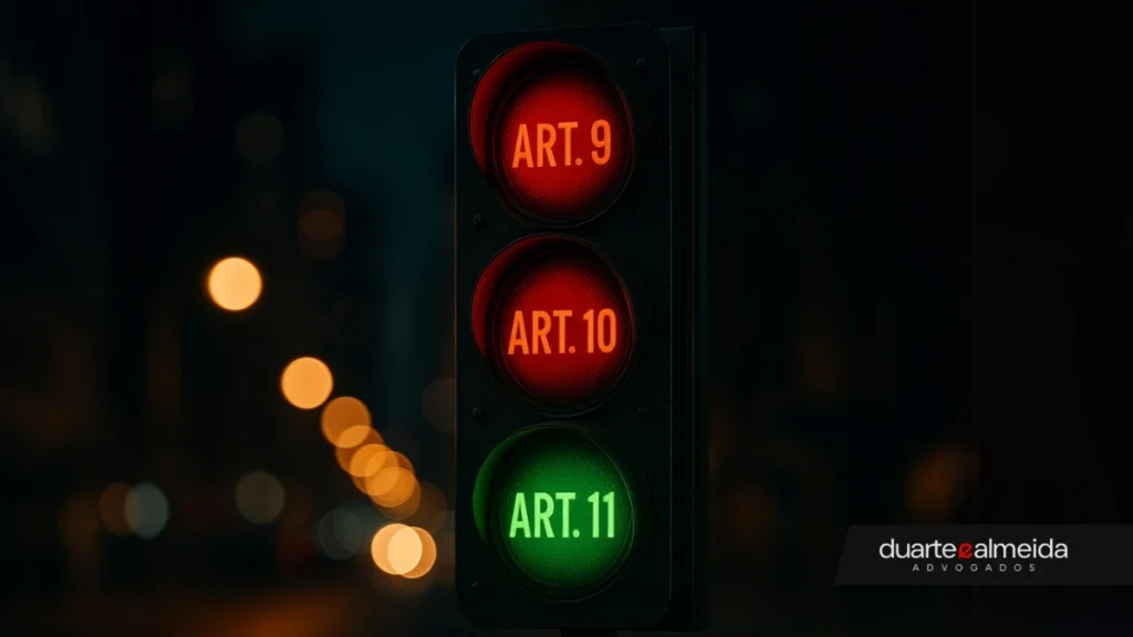 Semáforo urbano à noite com as luzes indicando os artigos 9, 10 e 11 da Lei de Improbidade Administrativa. As luzes do topo e do meio estão vermelhas com os dizeres 'ART. 9' e 'ART. 10'; a luz inferior está verde com 'ART. 11'.