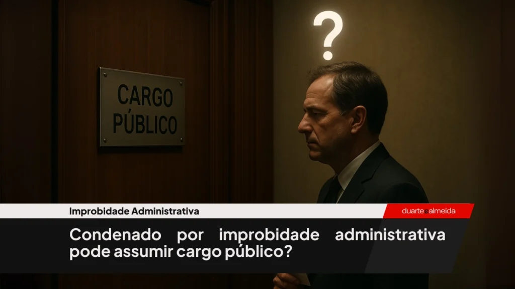 Homem de terno escuro visto de perfil, em frente a uma porta com a placa “Cargo Público”, com um ponto de interrogação brilhando sobre sua cabeça.