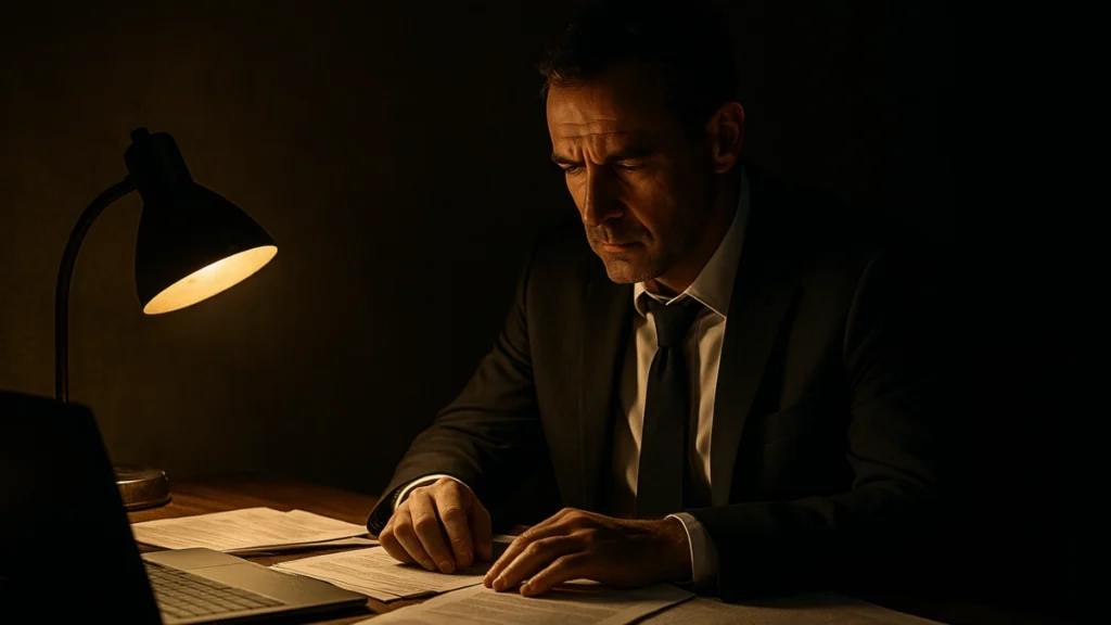 Homem de terno, em escritório escuro, lê documentos à luz de uma luminária sobre a mesa.