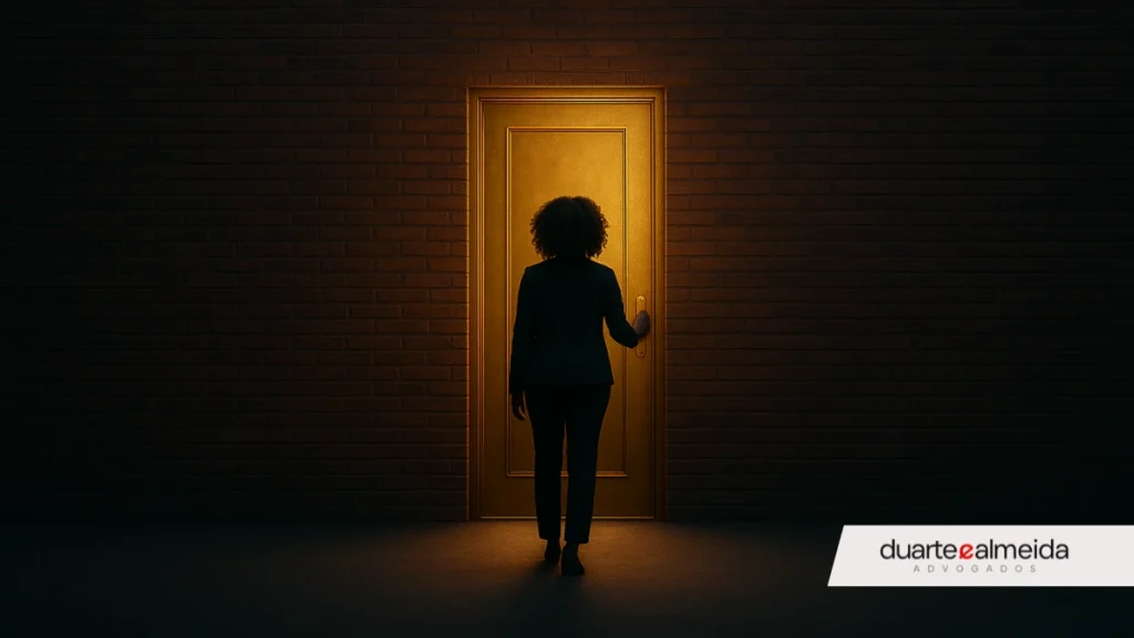 Mulher negra de costas prestes a abrir uma porta dourada em um muro de tijolos sob iluminação dramática