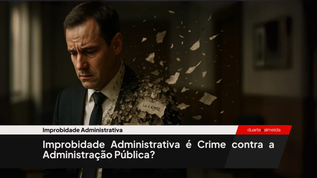 Servidor público em terno preto começa a se desfazer em fragmentos de papéis legais, com trechos visíveis da Lei 8.429/92 e Código Penal, simbolizando colapso pessoal e institucional.