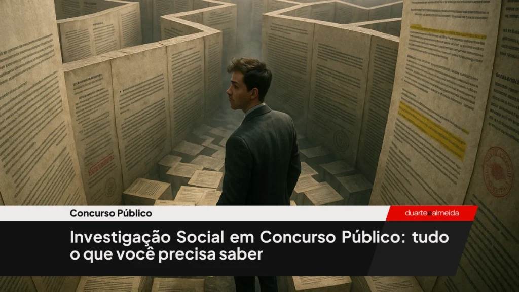 Candidato perdido dentro de um labirinto cujas paredes são feitas de documentos jurídicos e editais de concurso público.