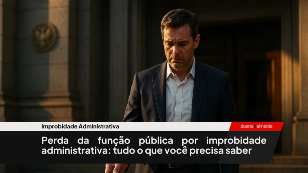 Mão masculina rasga contrato com carimbo de função pública sobre mesa com martelo de juiz.