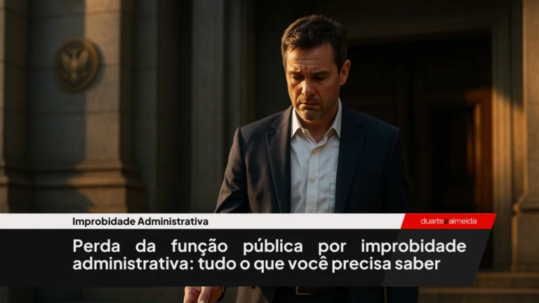 Mão masculina rasga contrato com carimbo de função pública sobre mesa com martelo de juiz.