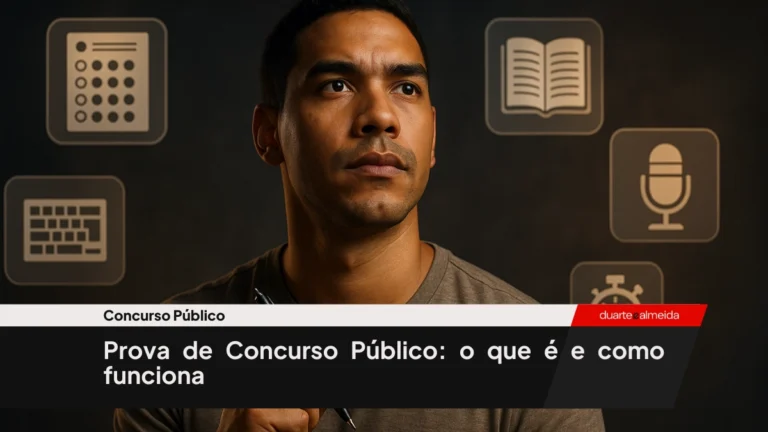 Retrato hiper-realista de um homem jovem brasileiro de pele morena, segurando uma caneta e olhando com expressão determinada. Ao fundo, ícones flutuantes representam os diferentes tipos de prova de concurso público.