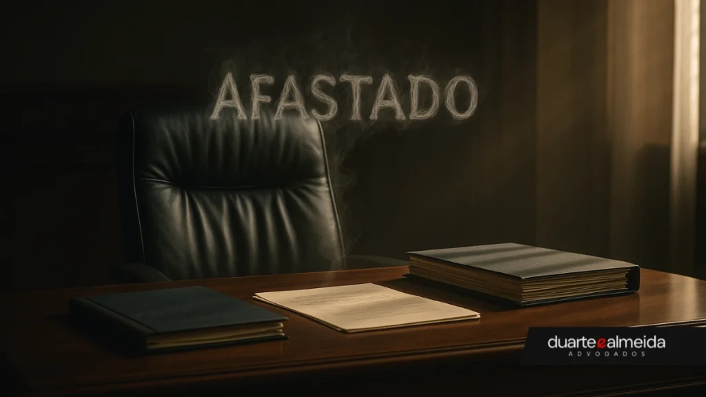 Mesa de gabinete vazia com cadeira de couro. Da cadeira, a palavra “AFASTADO” surge como fumaça no ar, com luz lateral dramática.