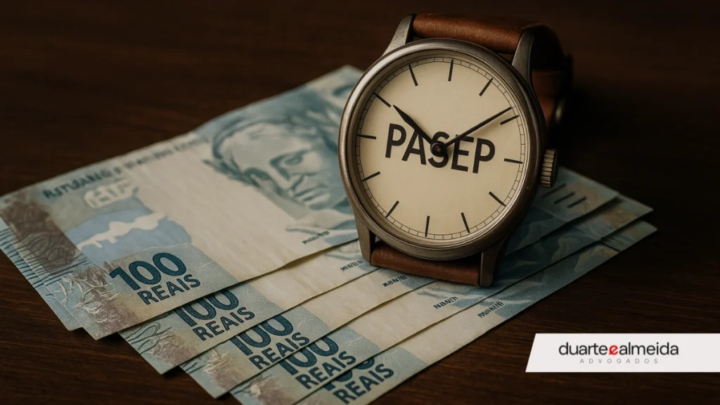 Notas de 100 reais sobre uma mesa de madeira com um relógio por cima; no mostrador do relógio está escrito “PASEP”.