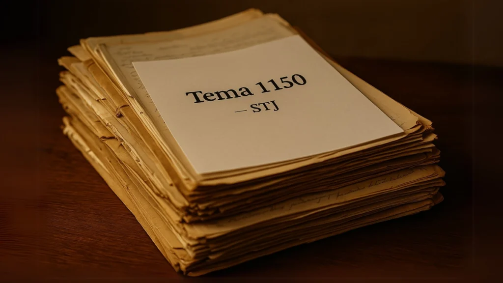 Pilha de documentos antigos sobre mesa de madeira com um papel recente no topo escrito “Tema 1150 – STJ”.