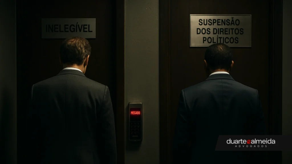 Dois homens de terno, de costas para a câmera, parados diante de portas identificadas como “Inelegível” e “Suspensão dos Direitos Políticos”, com uma tranca eletrônica entre elas exibindo “Negado”.