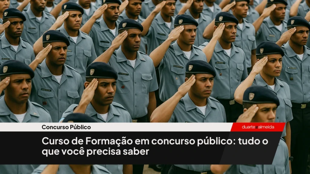 Grupo de formandos em curso de formação pública, todos uniformizados com camisa azul clara e boina azul escura, realizando continência de maneira sincronizada em ambiente externo.
