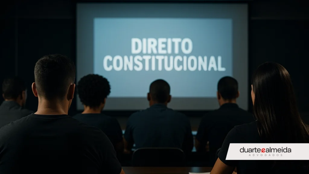 Candidatos adultos assistindo aula de Direito Constitucional em sala de aula escura com slide projetado.