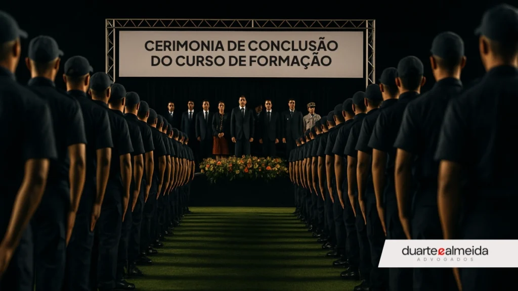 Cerimônia de formatura com duas fileiras de alunos uniformizados, de costas para a câmera, voltados para um palco onde autoridades estão posicionadas sob uma faixa que diz "Cerimônia de Conclusão do Curso de Formação - 2025".