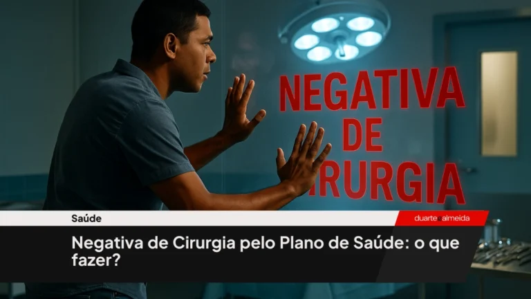 Homem brasileiro tenta entrar em sala de cirurgia, mas é impedido por parede invisível com a frase “NEGATIVA DE CIRURGIA” escrita em vermelho.
