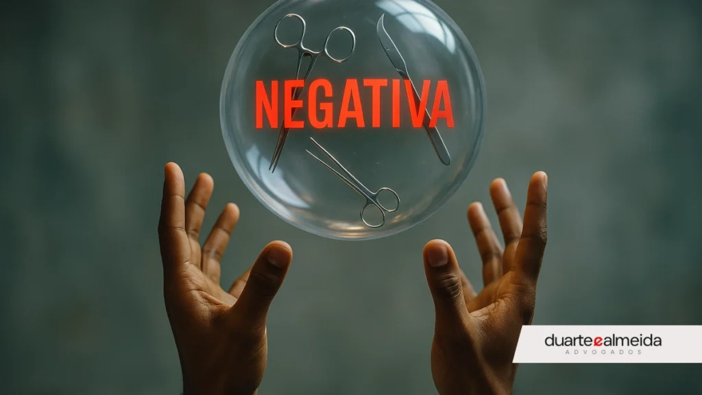 Mãos morenas estendidas tentam alcançar instrumentos cirúrgicos flutuando dentro de uma bolha transparente com a palavra “NEGATIVA” escrita em vermelho.