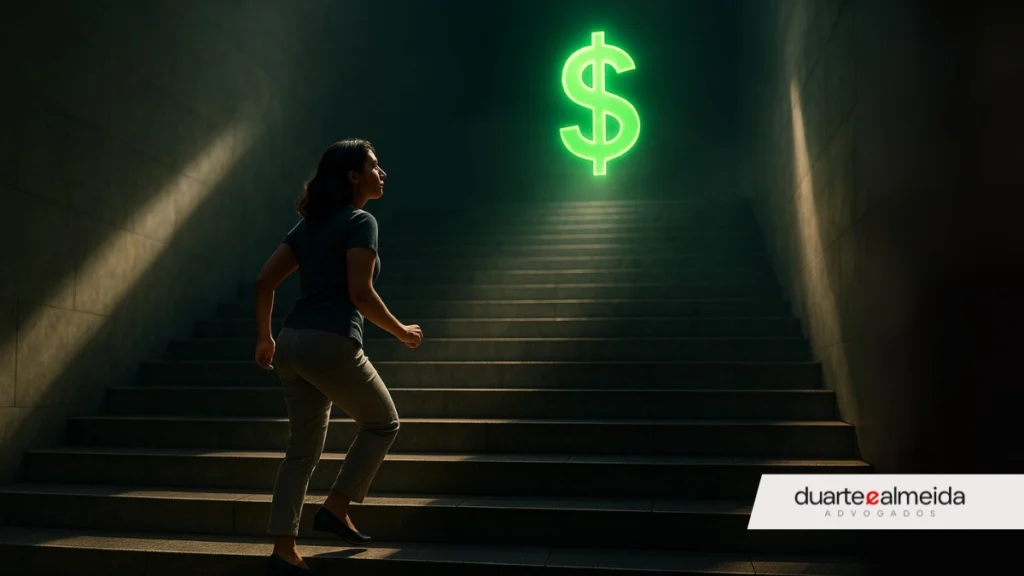 Mulher brasileira subindo uma longa escada iluminada dramaticamente, olhando para um símbolo de cifrão verde brilhante flutuando no topo.