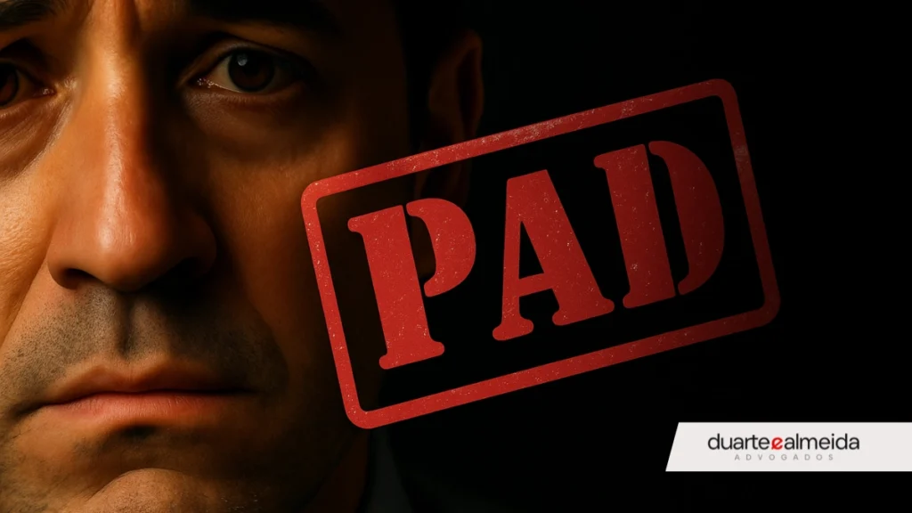Rosto de servidor público com expressão triste, fundo escuro e carimbo vermelho “PAD” sobreposto à imagem.