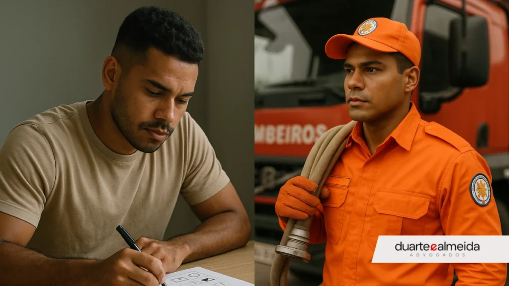 Montagem com dois momentos: à esquerda, homem moreno preenche teste psicotécnico; à direita, o mesmo homem com uniforme laranja de bombeiro, diante de um caminhão da corporação.