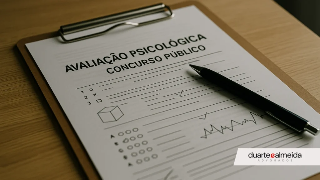 Documento com o título “Avaliação Psicológica – Concurso Público” com marcações e caneta sobre uma mesa, em ambiente iluminado.