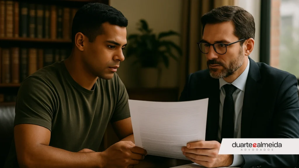 Candidato e advogado sentados em escritório, analisando documentos jurídicos e psicológicos relacionados à avaliação em concurso público.