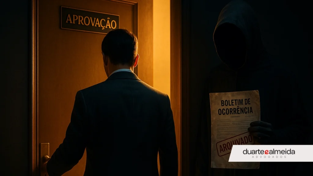 Um homem prestes a atravessar uma porta entreaberta com a placa “Aprovação”, iluminada por dentro. Atrás dele, nas sombras, uma figura encapuzada segura um boletim de ocorrência arquivado, observando silenciosamente.