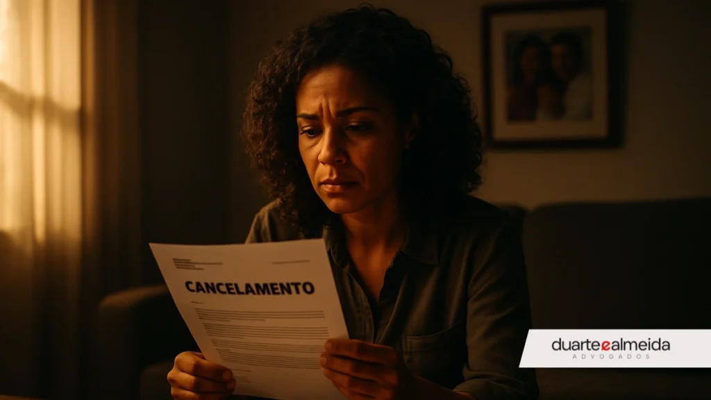 "Mãe brasileira sentada sozinha em sua sala, lendo aflita uma carta com a palavra 'CANCELAMENTO', iluminada por luz suave que entra pela janela."