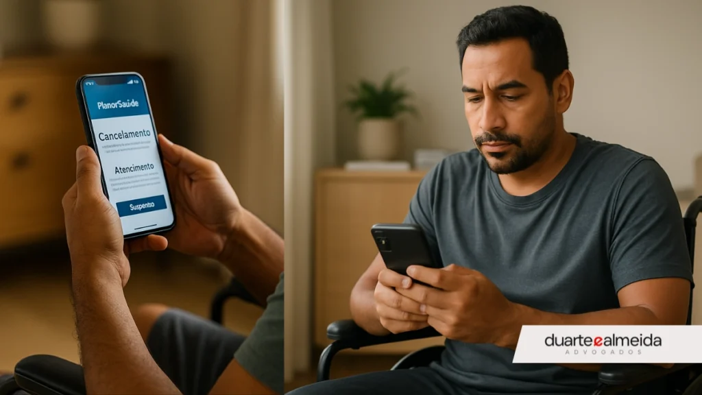 Homem brasileiro cadeirante observa com atenção a tela do celular, onde aparecem informações sobre cancelamento e atendimento no aplicativo de plano de saúde.