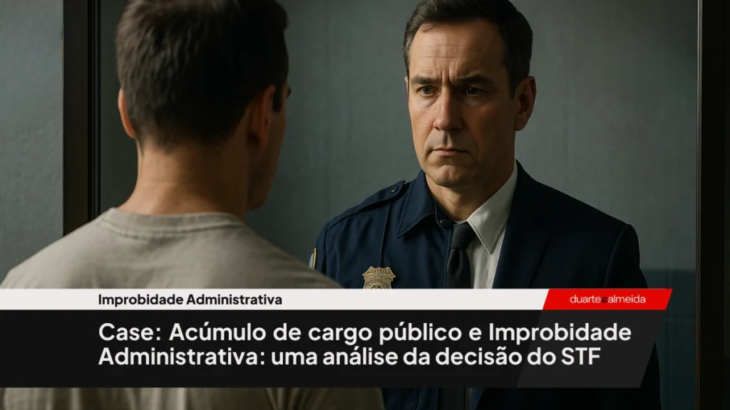 Homem observa seu reflexo em espelho; de um lado, veste uniforme de guarda municipal, do outro, traje formal, representando o acúmulo de cargos públicos.