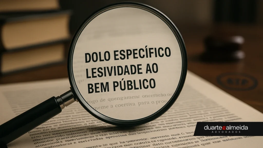 Lupa destaca as palavras “Dolo Específico” e “Lesividade ao Bem Público” sobre documento jurídico, com livros ao fundo.