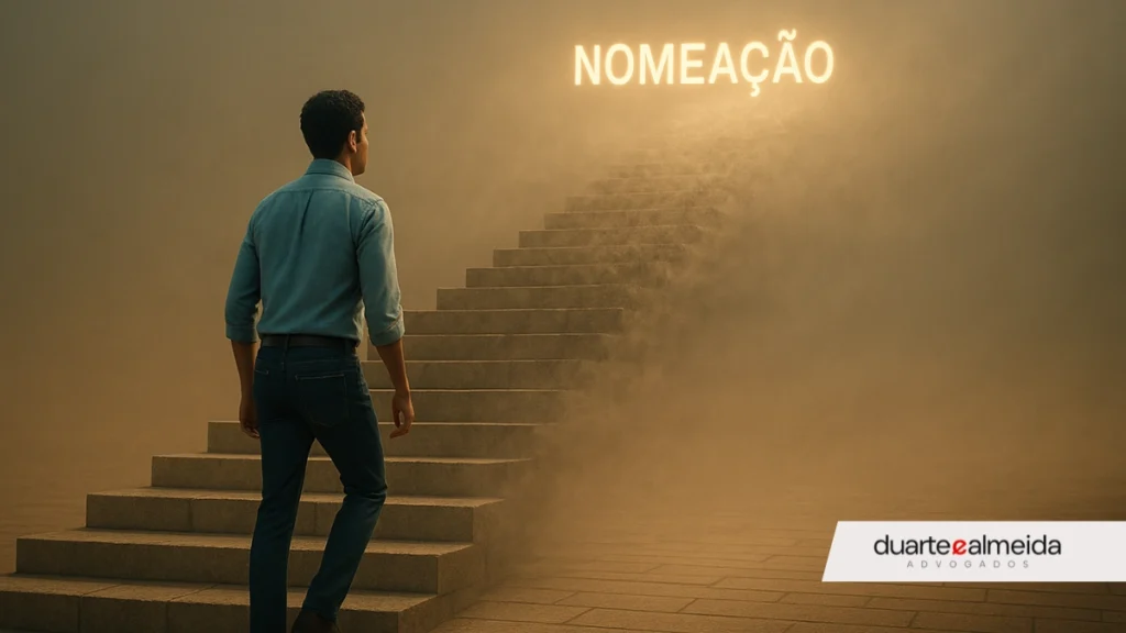 Homem subindo uma escadaria enquanto os degraus acima começam a desaparecer, com a palavra “Nomeação” brilhando ao fundo.